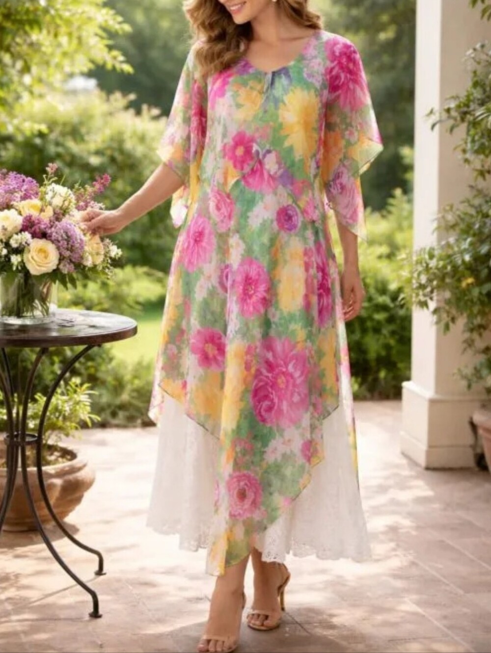 Vicky Tiel Floral Sheer Overlay Maxi Dress in Pink & Yellow Lace Accent